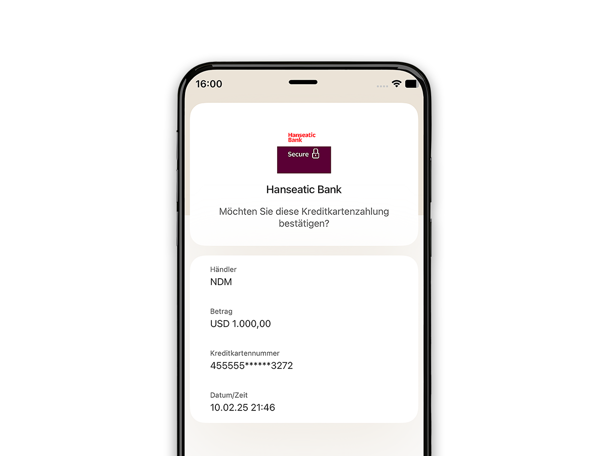 Darstellung eines Smartphones, welches den Screen für die Bestätigung einer Kreditkartenzahlung zeigt