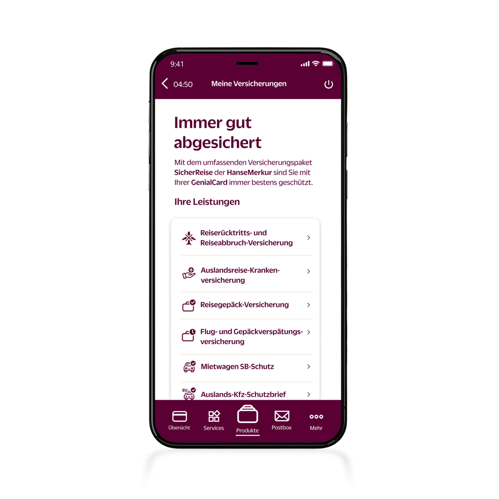 App-Ansicht der SicherReise Versicherung
