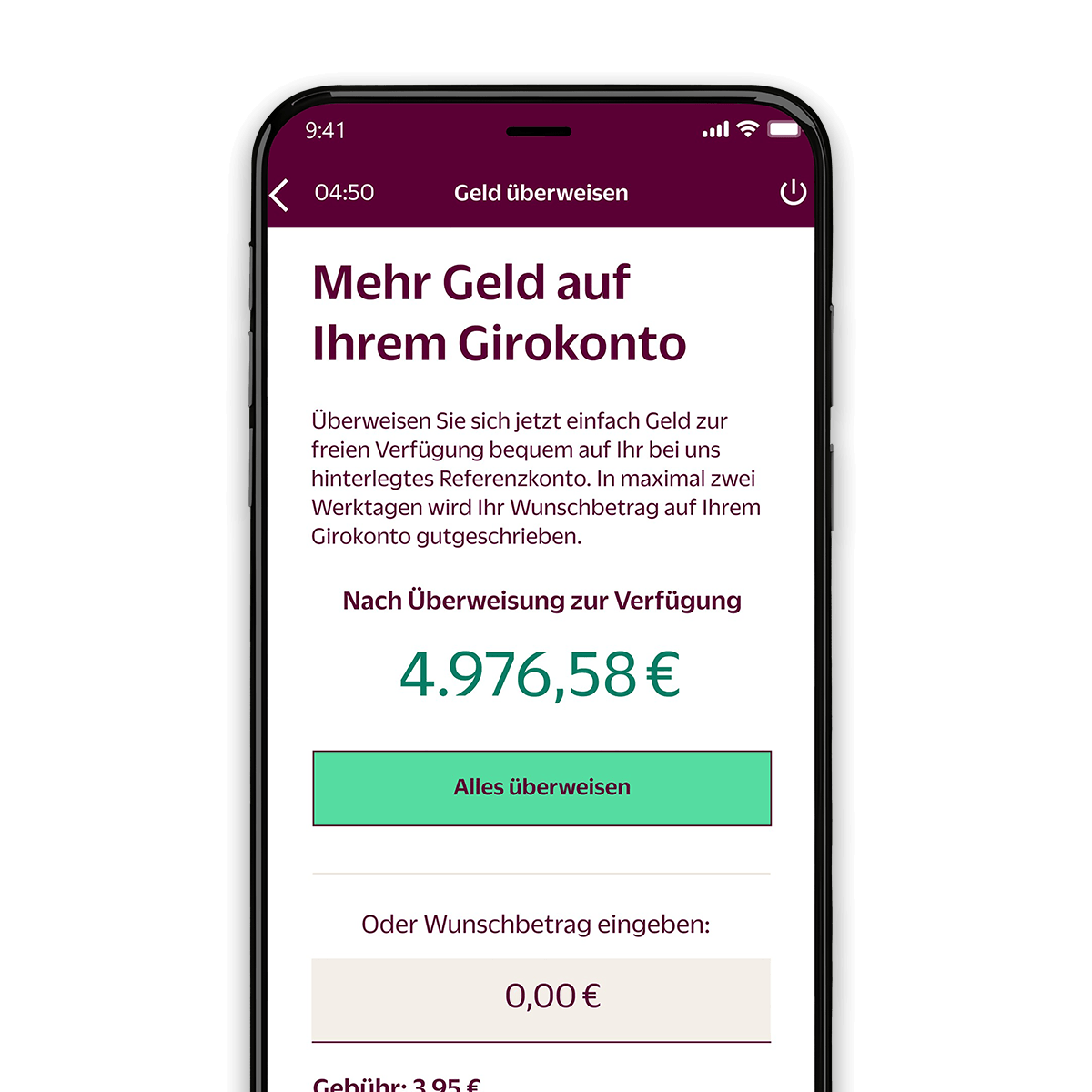 Hanseatic Bank Mobile App Screen: Geld überweisen aufs Girokonto