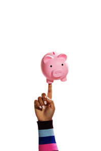 Hand balanciert ein Sparschwein auf dem Finger