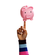 Hand balanciert ein Sparschwein auf dem Finger