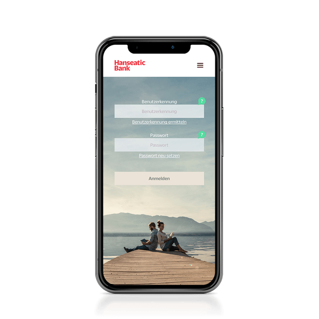 Die App Hanseatic Bank Mobile ist die App zu deiner Kreditkarte mit vielen praktischen Funktionen rund um dein Digitales Banking - Hier sieht man einen Screenshot des Logins der App