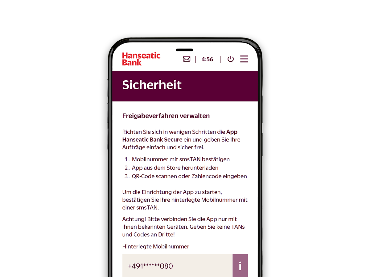 Darstellung eines Smartphones, welches den Screen für die Einrichtung der Hanseatic Bank Secure App zeigt