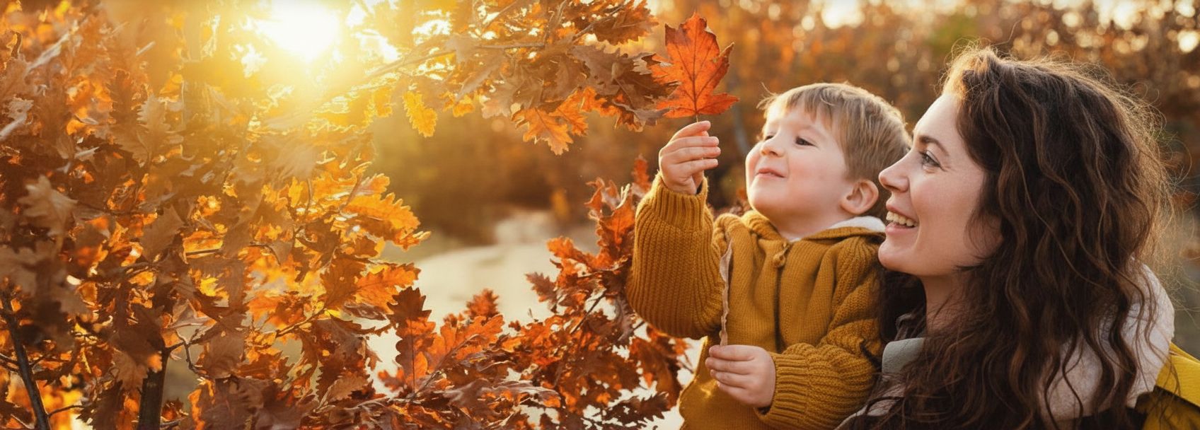 Eine Mutter und ihr Kind betrachten vor goldener Herbstsonne ein rot gefärbtes Blatt im Park