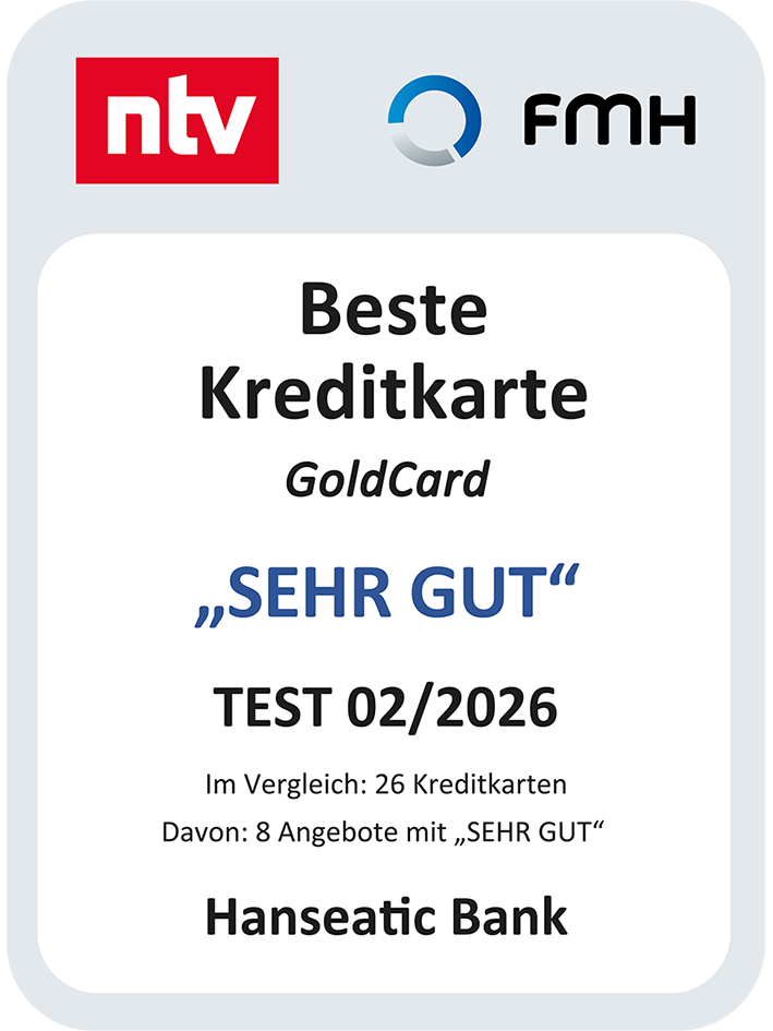 Auszeichnung der GoldCard als Beste Kreditkarte mit Wertung "Sehr Gut" von NTV und FMH
