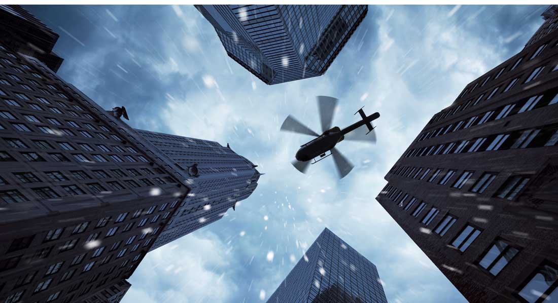 Ein Helikopter von unten im Regen zwischen Hochhäusern