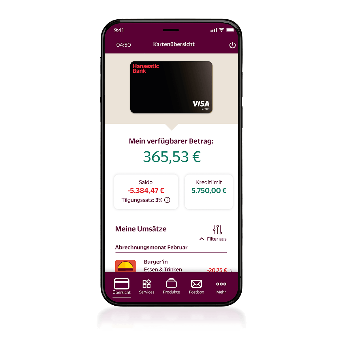 Die Hanseatic Bank Mobile App Screen: Kartenkontrolle