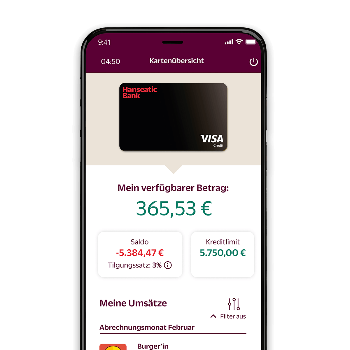 Hanseatic Bank Mobile App Screen: Kreditkartenübersicht und Umsätze