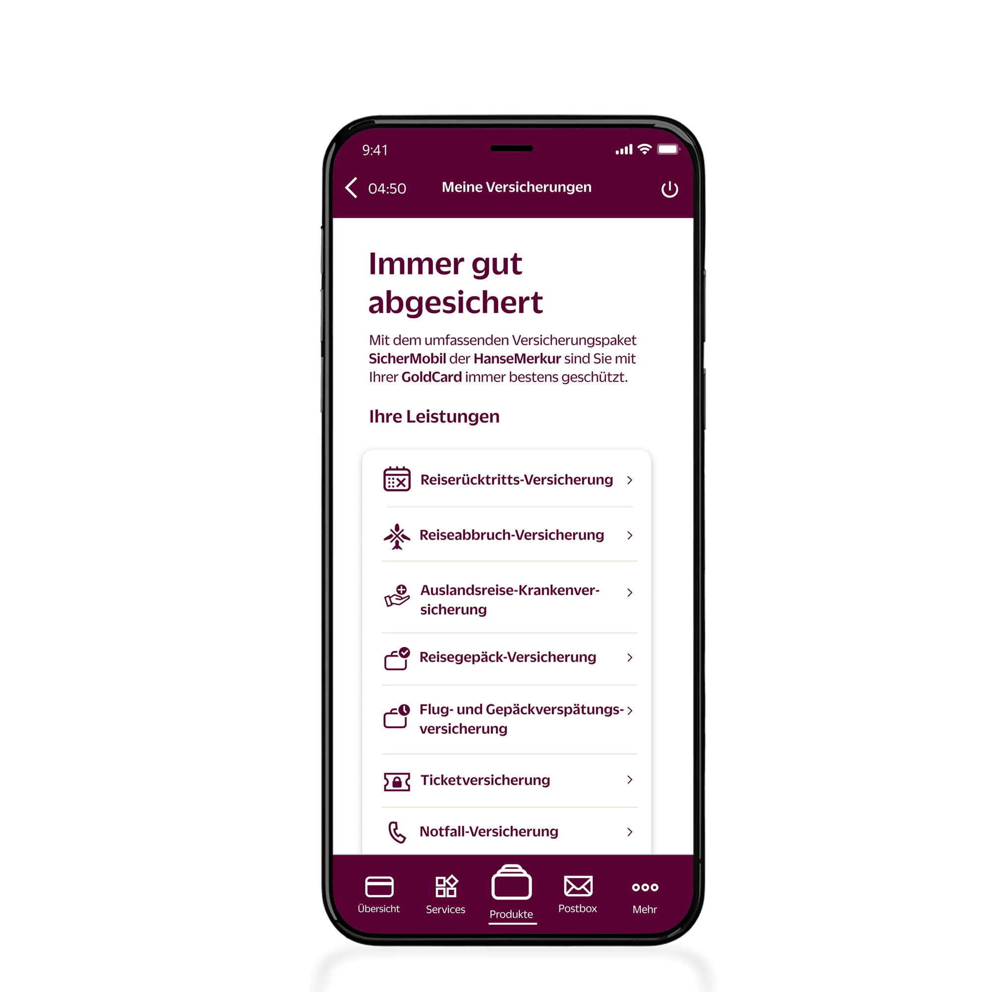 Screenshot: SicherMobil Versicherung in der Hanseatic Bank Mobile App