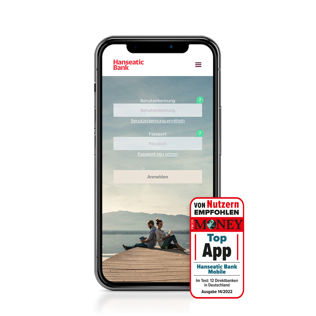 Screen: Die App Hanseatic Bank Mobile mit Focus Money Siegel Top App