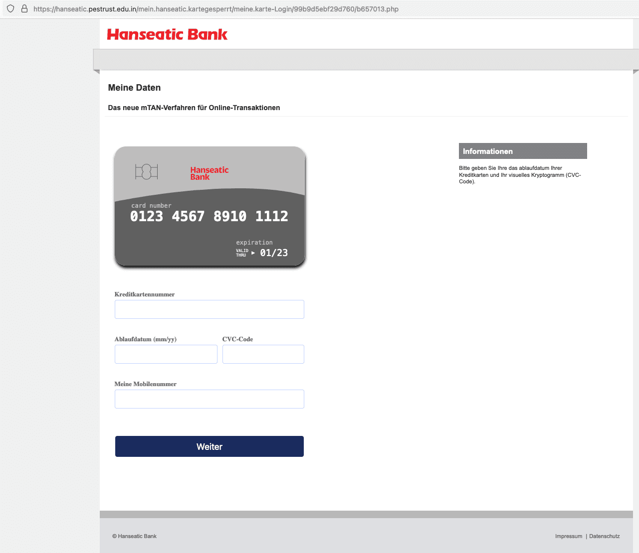 Screenshot gefälschte Phishing Seite