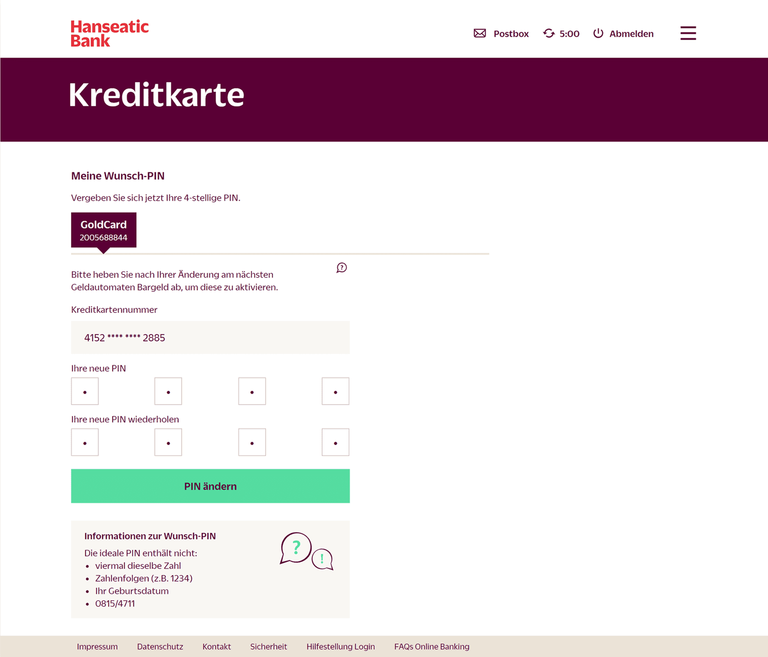 Wunsch PIN Eingabe im Online Banking der Hanseatic Bank