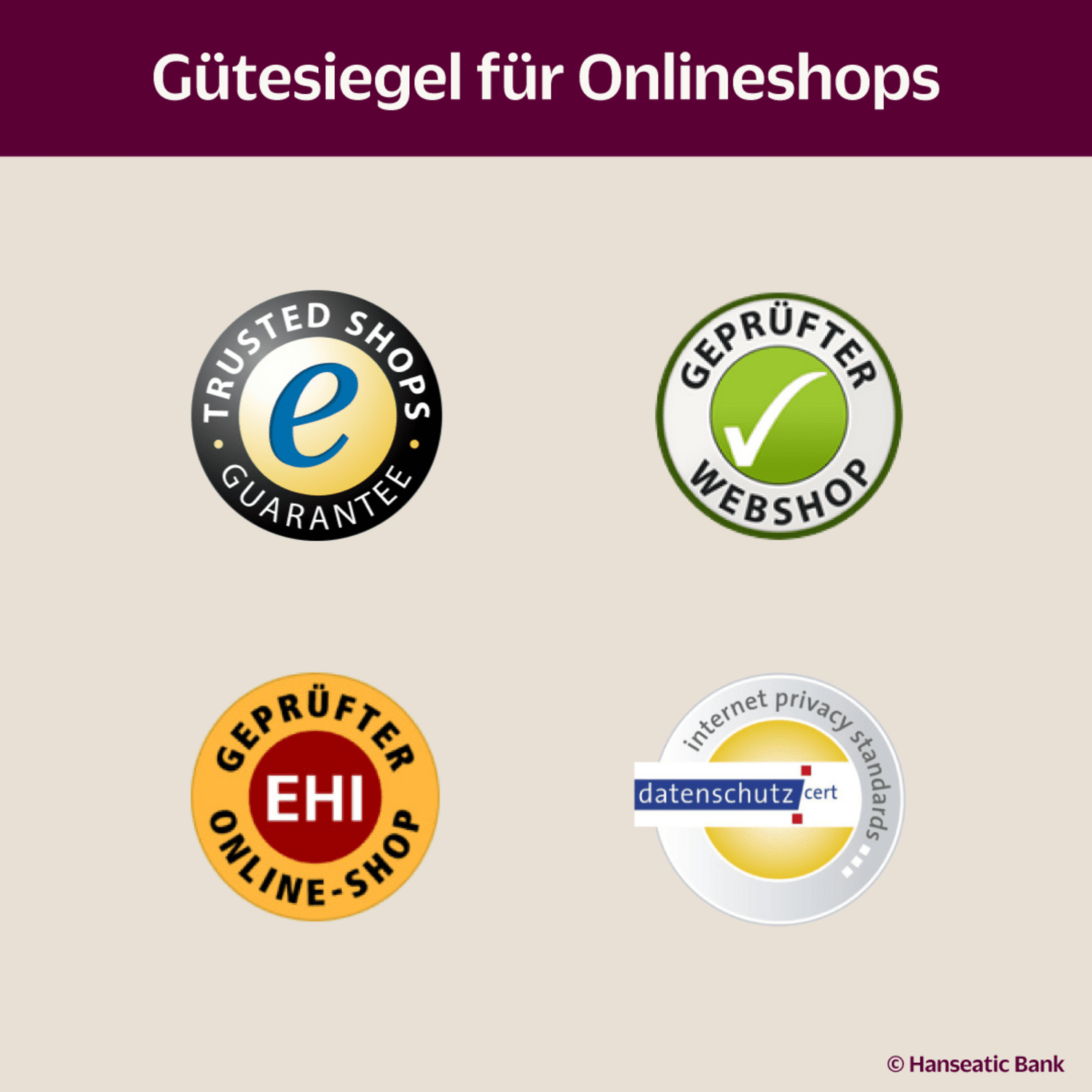 Infografik mit den Logos der Gütesiegel Trusted Shops, Geprüfter Webshop, EHI-Siegel und ips (internet privacy standard).
