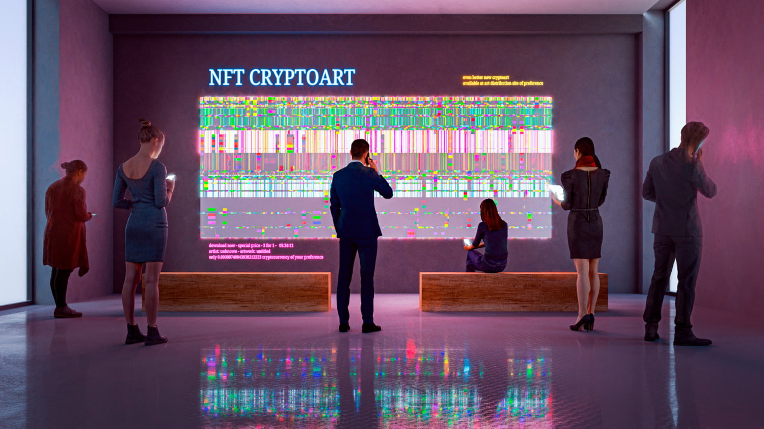 Besucher*innen einer Ausstellung vor einem großen Display mit einem digitalen Bild